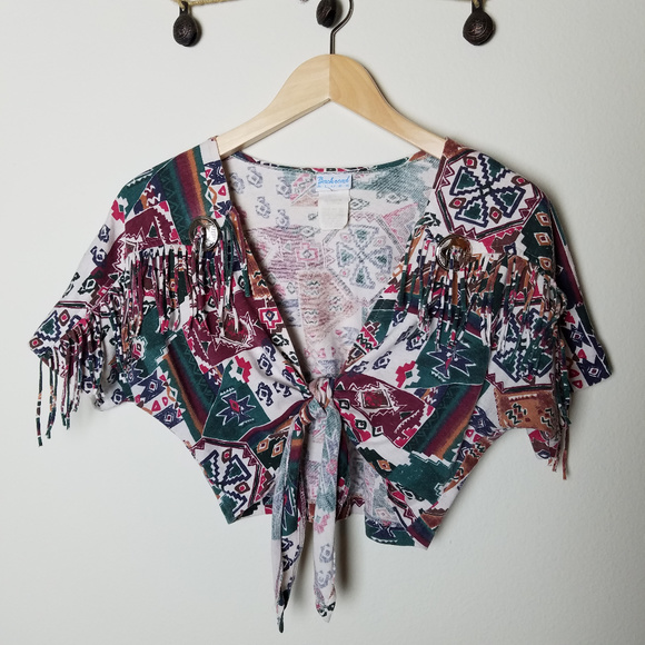 Vintage Tops - Backroad Blues Crop Tie Front Aztec Western Bolero